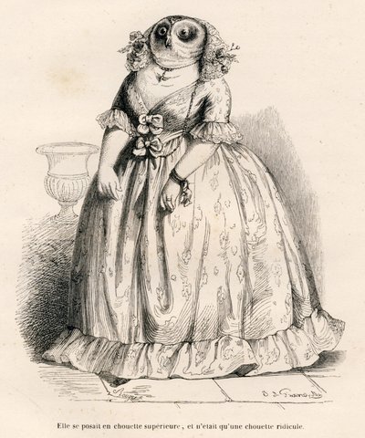 En ugle, der troede, at hun var overlegen, men som bare er latterlig. Illustrerede vignetter af JJ Granville. Gravering signeret Rouget i den del med titlen "Souvenirs d