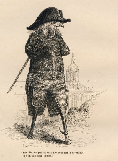 Hane invalid foran hotel des invalides i Paris. Miniaturer illustreret af JJ Granville. Gravering signeret Andrew, Best og Leloir i delen med titlen "De medicinske dyr" skrevet af Pierre Bernard i "Scener fra dyrenes private og offentlige liv". af Grandville