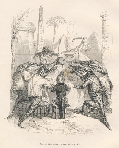 Krokodiller omkring et bord i Egypten. Miniaturer illustreret af JJ Granville. Gravering signeret Andrew, Best og Leloir i delen med titlen "Memories of a crocodile" skrevet af Emile de La Bedolliere i "Scener fra dyrenes private og offentlige liv". af Grandville