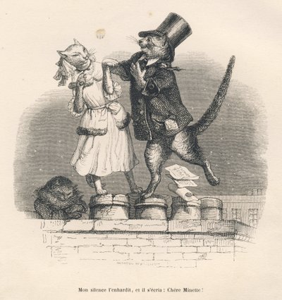 To katte, der forfører hinanden på et tag. Miniaturer illustreret af JJ Granville. Gravering signeret Andrew, Best og Leloir i delen med titlen "Court pains of an English cat" skrevet af Honore de Balzac i "Scener fra dyrenes private og offentlige liv af Grandville