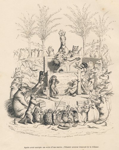 Løvens politiske tale på en tribune omgivet af alle de andre dyr. Miniaturer illustreret af JJ Granville. Gravering signeret Godard i prologen med titlen "Parlamentary Summary" skrevet af PJ Stahl i "Scenes de la vie private et publique des an af Grandville