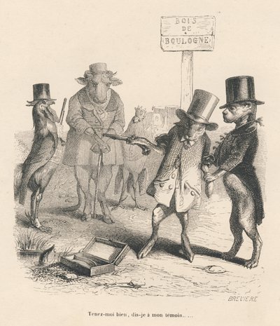 Duel i Bois de Boulogne. Miniaturer illustreret af JJ Granville. Gravering signeret Breviere i delen "Historien om en hare" skrevet af PJ Stahl i "Scener fra dyrenes private og offentlige liv". Paris, J. Hetzel og Paulin af Grandville