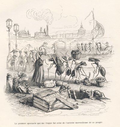 Myrer i fuld aktivitet ved bredden af ​​Seinen. Miniaturer illustreret af JJ Granville. Gravering signeret Porret i delen med titlen "En spurvs rejse fra Paris" skrevet af George Sand i "Scener fra dyrenes private og offentlige liv". Paris, af Grandville