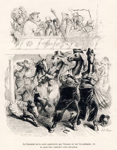 Hestekarnevalet. Miniaturer illustreret af JJ Granville. Gravering signeret Tamisier i delen med titlen "En afrikansk løves rejse til Paris" skrevet af Honore de Balzac i "Scener fra dyrenes private og offentlige liv". Paris, J. Hetzel og Paul af Grandville
