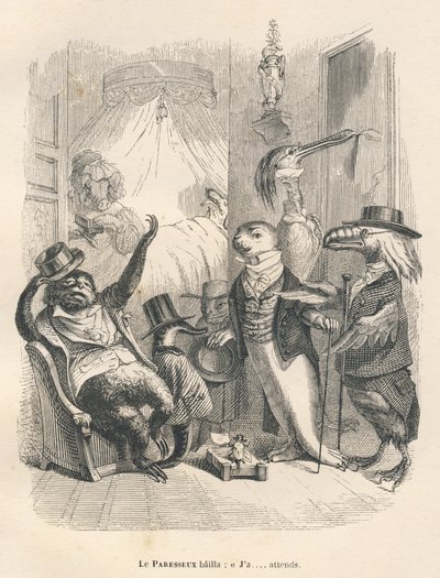 Den dovne mand gabte, at han ventede. Vignetter illustreret af JJ Granville. Gravering signeret Godard i den del med titlen "Les animaux medecins" skrevet af Pierre Bernard i "Scenes de la vie privee et publique des animaux". Paris, J. Hetzel et Paulin af Grandville