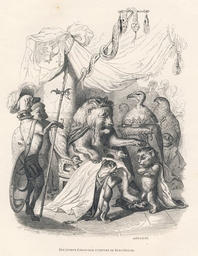 Unge løveunger modtager løvekongens velsignelse. Vignetter illustreret af JJ Granville. Gravering signeret Breviere i delen med titlen "Voyage of an African Lion in Paris" skrevet af Honore de Balzac i "Scenes de la vie privee et publique des af Grandville