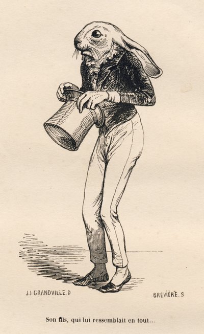Feje Lievre i et dandy kostume. Vignetter illustreret af JJ Granville. Gravering signeret Breviere i delen "History of a Hare" skrevet af PJ Stahl i "Scener af dyrenes private og offentlige liv". Paris, J. Hetzel og Paulin af Grandville