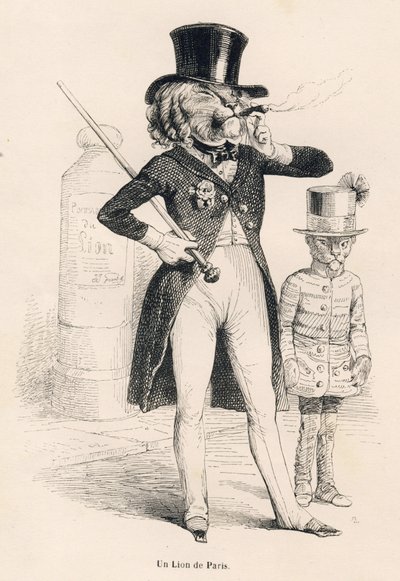 Løve af Paris. Vignetter illustreret af JJ Granville. Gravering signeret Andrew, Best og Leloir i delen med titlen "Voyage of an African Lion in Paris" skrevet af Honore de Balzac i "Scener af dyrenes private og offentlige liv". Paris, J. Hetzel og af Grandville