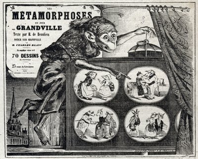 Litteratur. The Daily Metamorphosis, af karikaturtegneren Jean Jacques Grandville. Plakat, Frankrig af Grandville