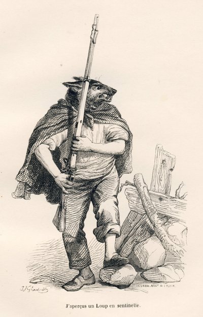 Ulv på vagtpost. Vignetter illustreret af JJ Granville. Gravering signeret Andrew, Best og Leloir i delen med titlen "Voyage d