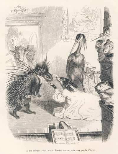 Opera med et pindsvin, en hund og en hejre på scenen. Vignetter illustreret af JJ Granville. Gravering signeret Godard i den del med titlen "Le premier feuilleton de Pistolet" skrevet af Jules Janin i "Scenes de la vie privee et publique des animaux". af Grandville