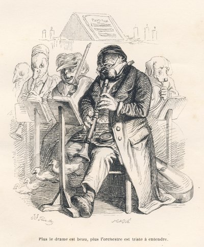 Orkester med en hund, der spiller på fløjte med unger, der kommer ud af musikinstrumentet. Miniaturer illustreret af JJ Granville. Gravering signeret Caque i delen med titlen "The first serial of Pistolet" skrevet af Jules Janin i "Scenes de l af Grandville