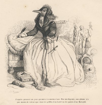 Tærteskrivning med en fjerpen med en cigaret holdt af en cigaretholder i den anden hånd. Vignetter illustreret af JJ Granville. Gravering signeret Andrew, Best og Leloir i delen "History of a Hare" skrevet af PJ Stahl i "Scener af privatliv og af Grandville