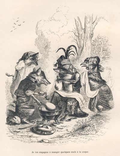 Ræve spiser haneæg foran en grædende høne. Vignetter illustreret af JJ Granville. Gravering signeret Godard i afsnittet med titlen "En ræv fanget i en fælde" skrevet af Charles Nodier i "Scener af dyrenes private og offentlige liv". af Grandville
