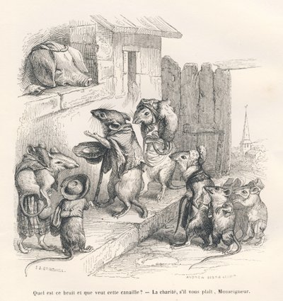Mus, der giver velgørenhed til en gris. Vignetter illustreret af JJ Granville. Stikket er signeret Andrew, Best og Leloir i den del med titlen "Le rat philosophe" skrevet af Edouard Lemoine i "Scenes de la vie privee et publique des animaux". Paris, J. Het af Grandville