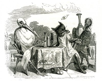 Ræven og storken, illustration fra "Fables of La Fontaine" (litografi) af Grandville