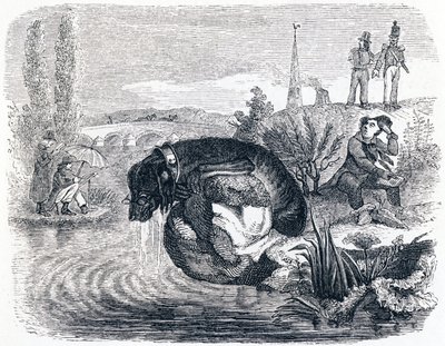 Hunden, der opgiver sit bytte for skyggen - Fables af La Fontaine af Grandville