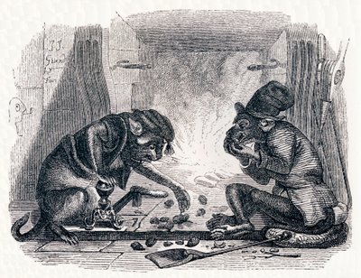 Æslet og katten (Le singe et le chat) - Fabler af La Fontaine af Grandville