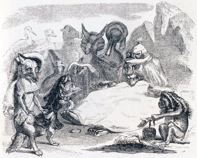 Løven, ulven og ræven (le lion, le loup et le renard) - Fabler af La Fontaine af Grandville