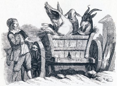 Grisen, geden og fåret (le cochon, la chèvre et le mouton) - Fabler af La Fontaine af Grandville