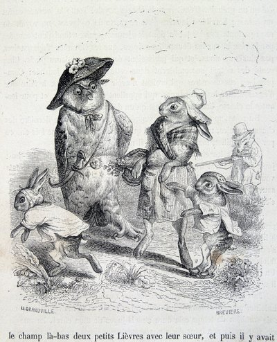 De to små harer, deres søster og uglen - ved Grandville af Grandville