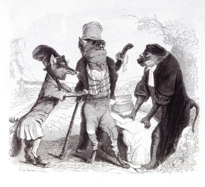 Ulven bønfalder mod ræven foran aben af Grandville (1803 47)