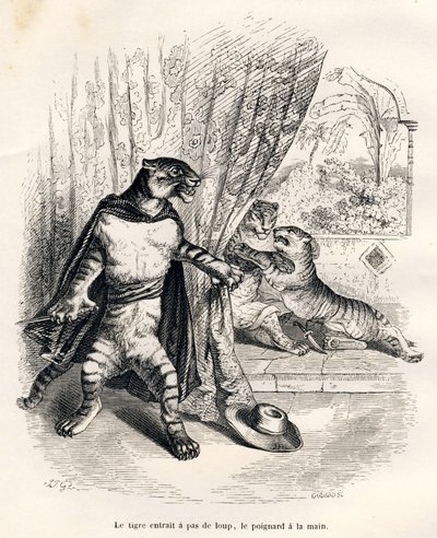 Tiger på vej ind på scenen med dolk i hånden. Vignetter illustreret af JJ Granville. Indgravering signeret Godard i delen med titlen "Den første pistolserie" skrevet af Jules Janin i "Scener af dyrenes private og offentlige liv". Paris, J.H af Grandville