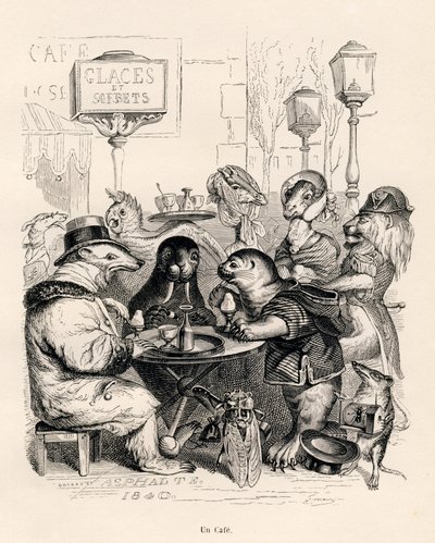 En cafe frekventeret af dyr af enhver art. Miniaturer illustreret af JJ Granville. Indgravering signeret Godard i delen med titlen "En afrikansk løves rejse til Paris" skrevet af Honore de Balzac i "Scener fra dyrenes private og offentlige liv". P af Grandville
