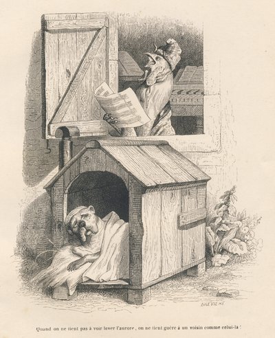 En doven hund i sin kennel vækket af en hane, der galer ved daggry. Miniaturer illustreret af JJ Granville. Gravering signeret Breviere i delen "Historien om en hare" skrevet af PJ Stahl i "Scener fra dyrenes private og offentlige liv". Paris af Grandville
