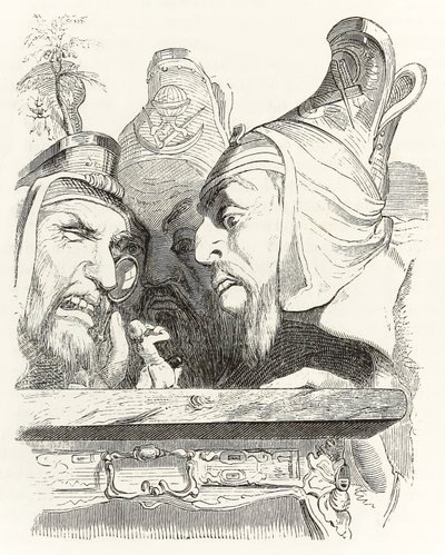 Gulliver er inspiceret af beboere i Brobdingnag, fra Gullivers Travels af Jonathan Swift af Grandville