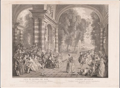 Elegant selskab på en terrasse med udsigt over en park Les Plaisirs du Bal (titel på objekt) af Gérard Jean Baptiste Scotin (II)
