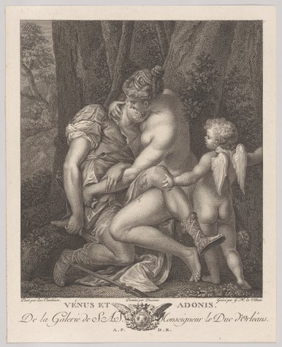 Venus sørger over Adonis, sidder under et træ og omfavner ham, med Amor til højre, c..., ca. 1786. af Gérard René Le Vilain
