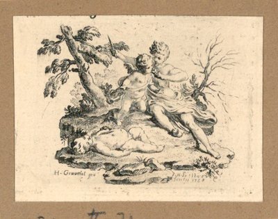 Amor, der har Amor Spis hjertet af en dreng, som hun har skåret ud af Gravelot