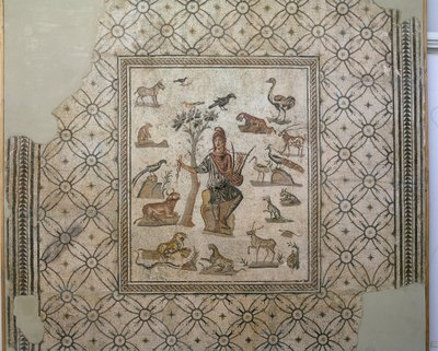 Orpheus omgivet af dyr, polykrom mosaik af Greco Roman Greco Roman