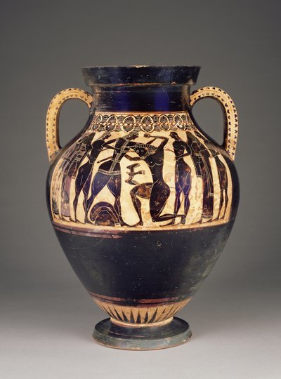 Athensk attisk sortfigur amfora tilskrevet Lydos med Theseus, der dræber Minotauren, 550-40 f.Kr. (terracotta) af Greek