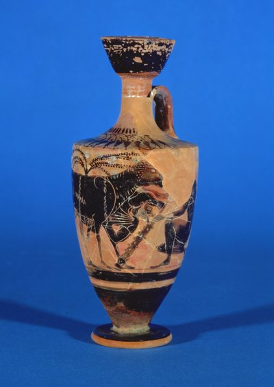 Attic sort-figur lekythos forestillende Odysseus undslippe Cyclops, ca. 530 f.Kr af Greek