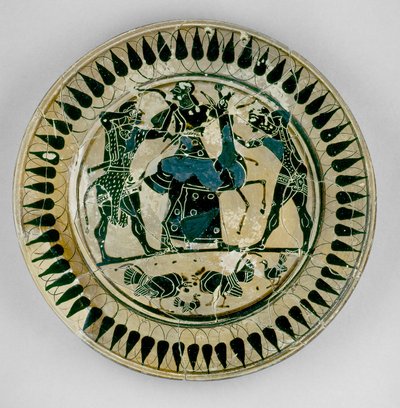 Attic sort-figur plade dekoreret med en scene af Herakles og Apollo, der kæmper om en hjort og bliver adskilt af Artemis, som Lydos, fra Grækenland, ca. 560 f.Kr. (keramik) af Greek