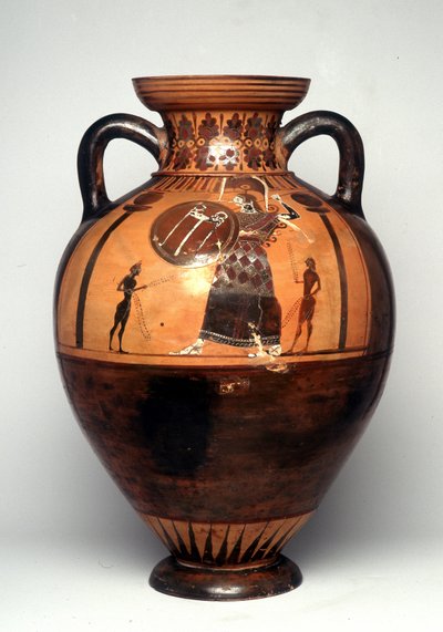 Sort figurvase, der forestiller Athene med et skjold og spyd, 550 f.Kr. (keramik) af Greek