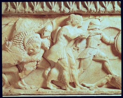 Detalje af den nordlige frise i det sifniske skatkammer, der viser guder i kamp mod jætter, ca. 525 f.Kr. marmor af Greek
