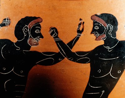 Græsk kunst: Panathenaisk Terracotta amfora: detalje, der skildrer et slag ved pugilat. Vulci-krigerens grav. 6. århundrede f.Kr. Rom, Villa Giulia Nationalmuseum af Greek