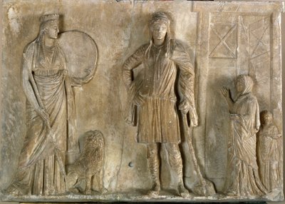 Græsk kunst: "" Frygiske guddommelige Cybele og Attis, hans søn og elsker"" Marmorrelief fra det 2. århundrede f.Kr. Museo Archeologico, Venedig af Greek