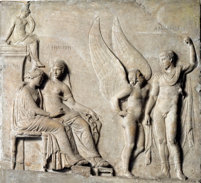 Græsk kunst: "" Prinsen af Sparta Paris seduit Helene af Troja, Afrodite er repræsenteret""" Marmorrelief fra en græsk original. 1. århundrede f.Kr. Museo Archeologico Nazionale, Napoli - Paris, prins af Sparta og Helen af Troja, med Aphrodite - Marmor rel af Greek