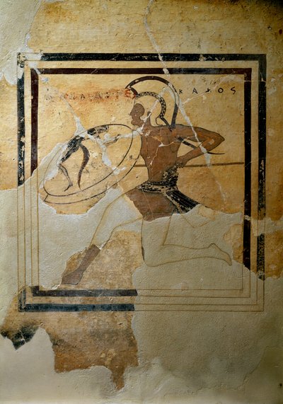 Græsk kunst: "" pynax (votivtavle) af terracotta, der repræsenterer en hoplit i fuld race""" 520-510 f.Kr. Sol. h. 65,5 cm Athen, Akropolismuseet (inv. 67) af Greek