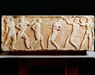 Græsk civilisation, Stele, der forestiller atleter på gymnastiksal, Fra Kerameikos nekropolis i Athen, Grækenland, 510 f.Kr. af Greek