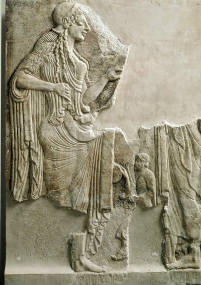 Græsk antikvitet: "" en familie, der ofrer til gudinden Athene"" Lavt relief. 550 f.Kr. Fra Akropolis i Athen. Athen, Akropolis Museum af Greek