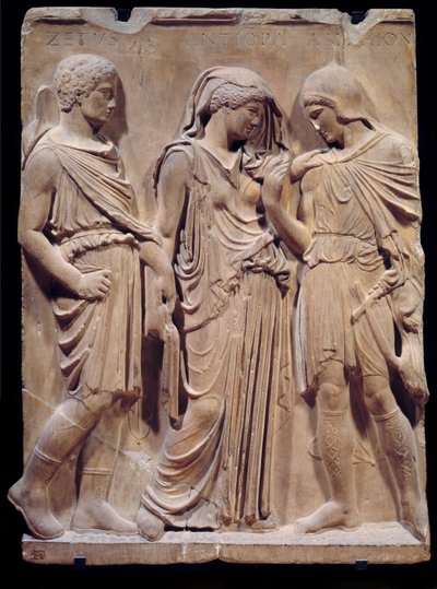 Græsk antikvitet: Orphees farvel til Eurydice, som Hermes er parat til at bringe tilbage til helvede. Inskriptionen med navnene på Zethus, Antiope og Amphion går tilbage til renæssancen. Lavt marmorrelief. 480-323 f.Kr. Søn 1,2 m Paris, Musée du Louv af Greek