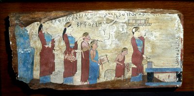 Græsk antiquitis: ofring af et lam. Træmaling fra Sicyon i Korinthbugten. 6. århundrede f.Kr. Athen, det nationale arkæologiske museum af Greek