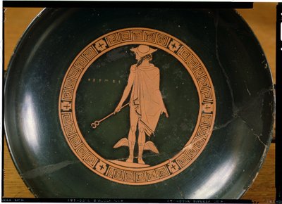 Græsk bæger med rød figur, forestillende guden Hermes (keramik) af Greek