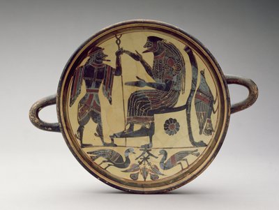Lakonisk kylix-bæger forestillende Zeus og Hermes, ca. 550-530 f.Kr. (ler) (se også 288296 og 288298) af Greek
