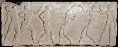 Marmorreliefstrømper af en begravelseskouros, der repræsenterer seks atleter. 510 -500 f.Kr. Fra Akropolis Athen. Nationalmuseet for arkæologi, Athen af Greek